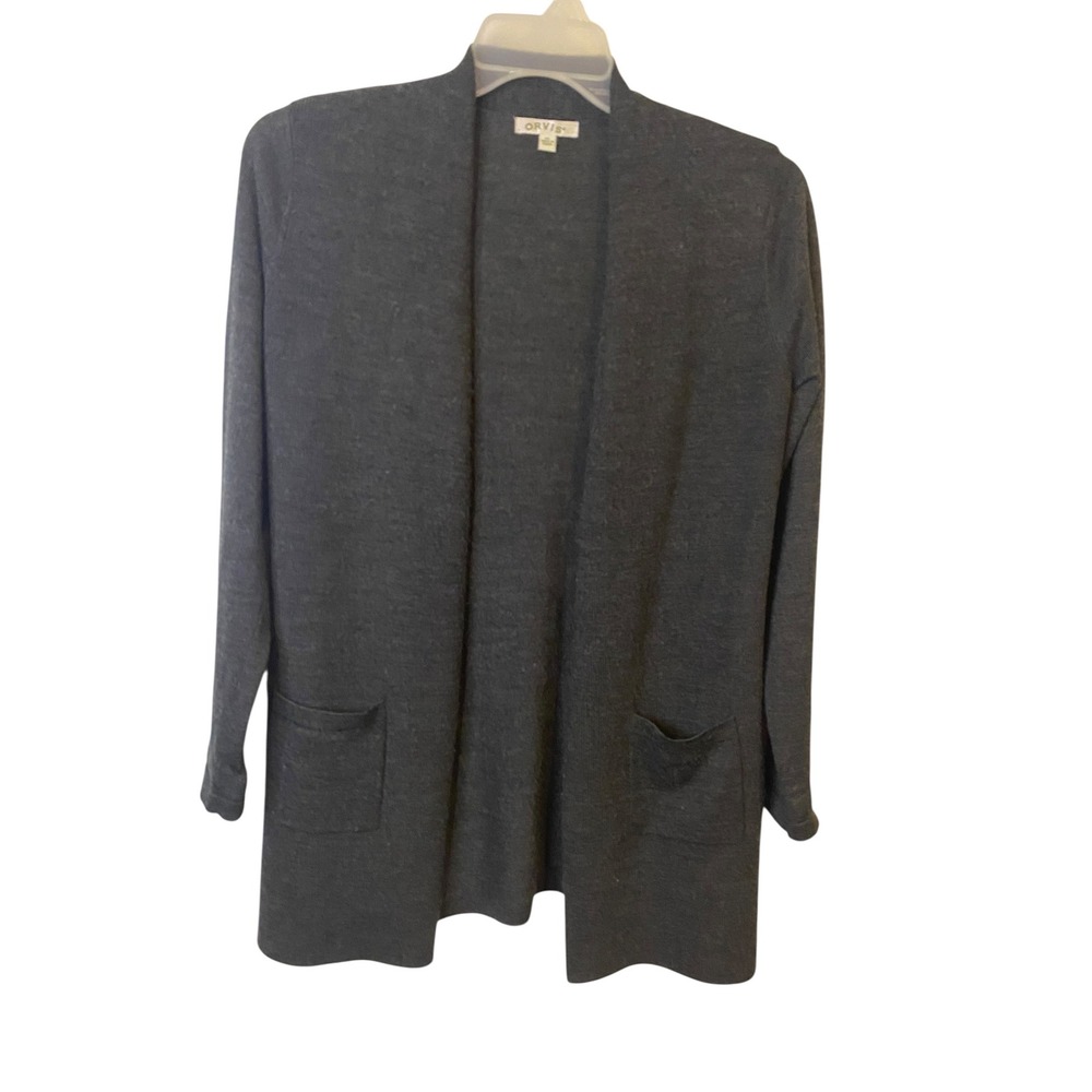Orvis Womens Grey 100% Merino Wool Long Open Front Cardigan Pockets XS